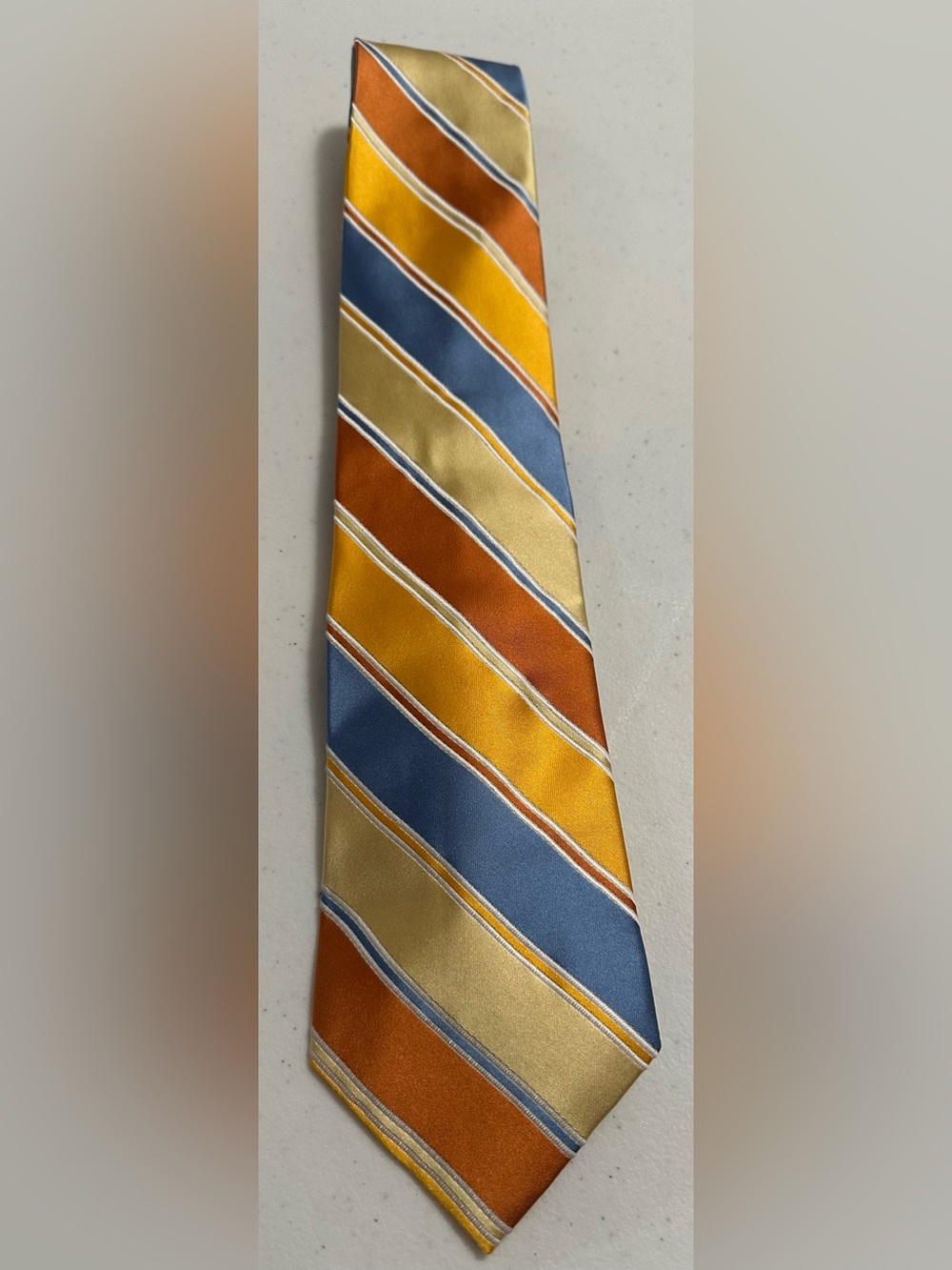 PAUL FREDEICK Striped Tie in Gold, Blue & Orange